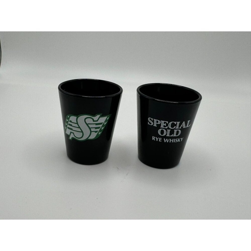 2 Saskatchewan Roughriders Special Old Rye Whisky 1 ouce Shot Glasses  CFL